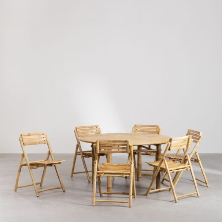 Set tavolo rotondo Senia (Ø140 cm) e 6 sedie da giardino pieghevoli in bambù Nelida