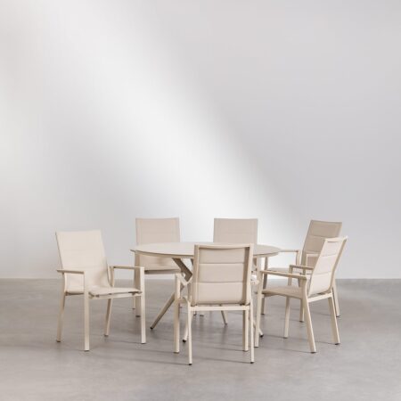 Set tavolo rotondo Valerie (Ø125 cm) e 6 sedie da giardino impilabili in alluminio Karena