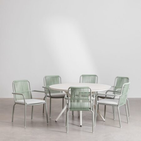 Set tavolo rotondo Valerie (Ø125 cm) e 6 sedie da giardino in alluminio Alberta con braccioli