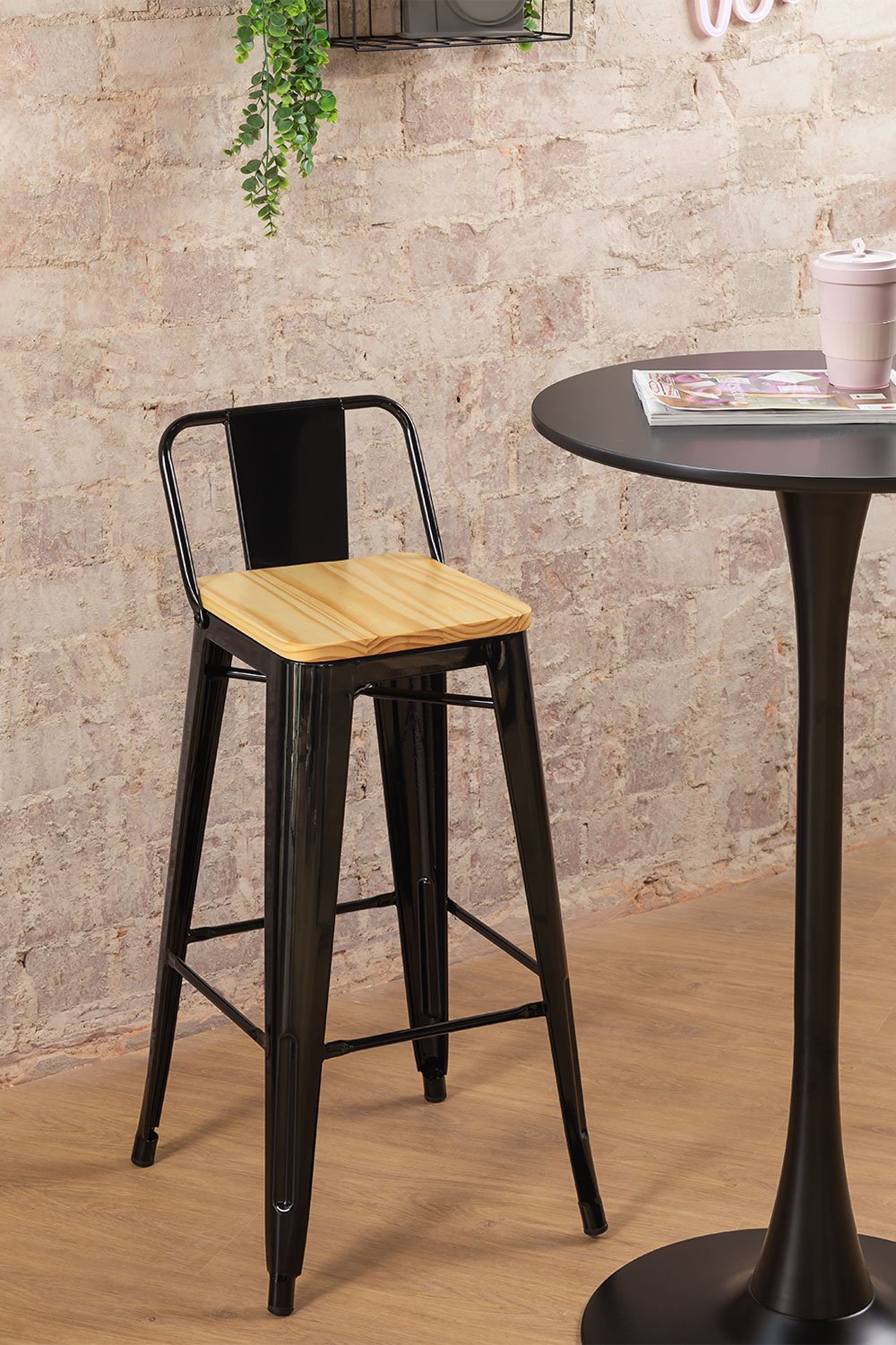 Sgabello Alto con Schienale in Acciaio(75 cm) LIX Legno