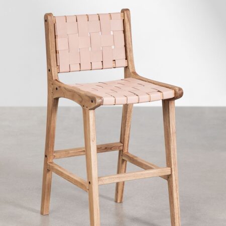 Sgabello alto 60 cm in legno e pelle Zaid