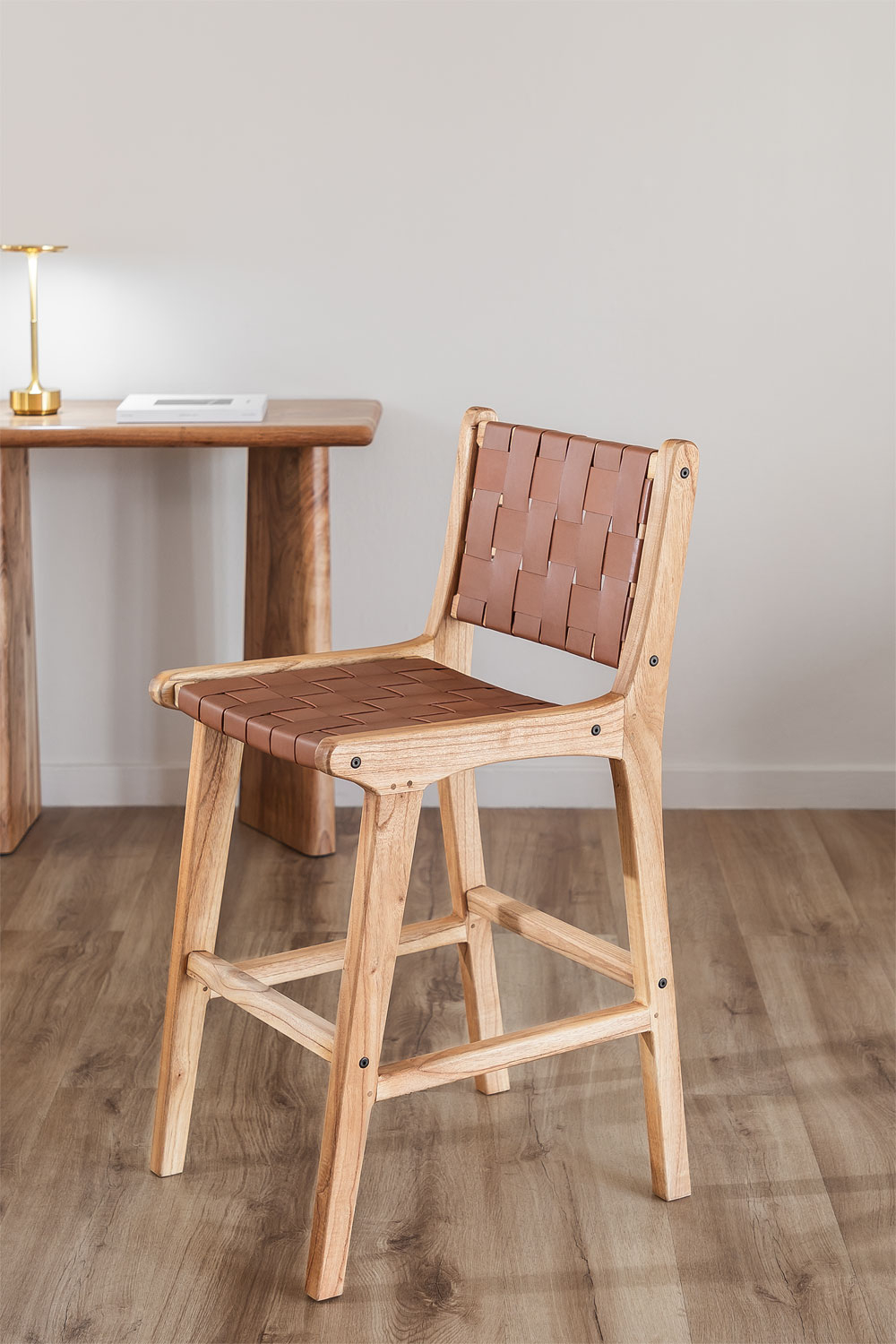 Sgabello alto 60 cm in legno e pelle Zaid