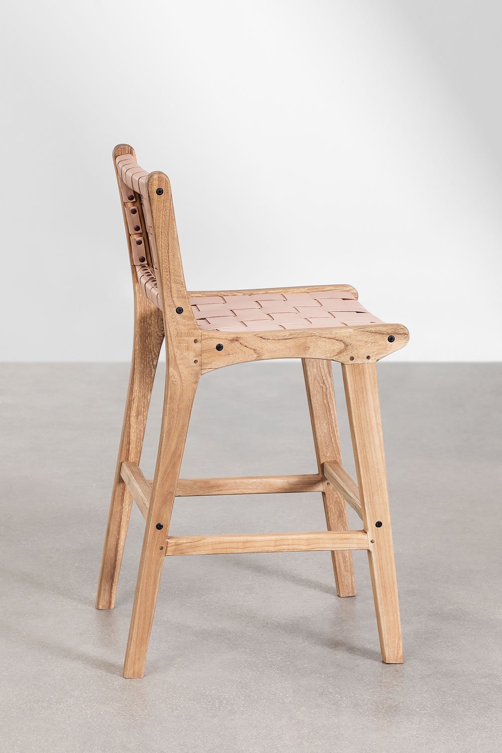 Sgabello alto 60 cm in legno e pelle Zaid
