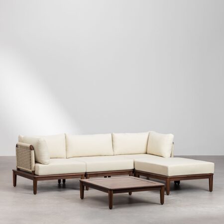 Set di divani da giardino modulari Giulia 3 pezzi con 2 poltrone angolari, tavolino e pouf in legno di acacia