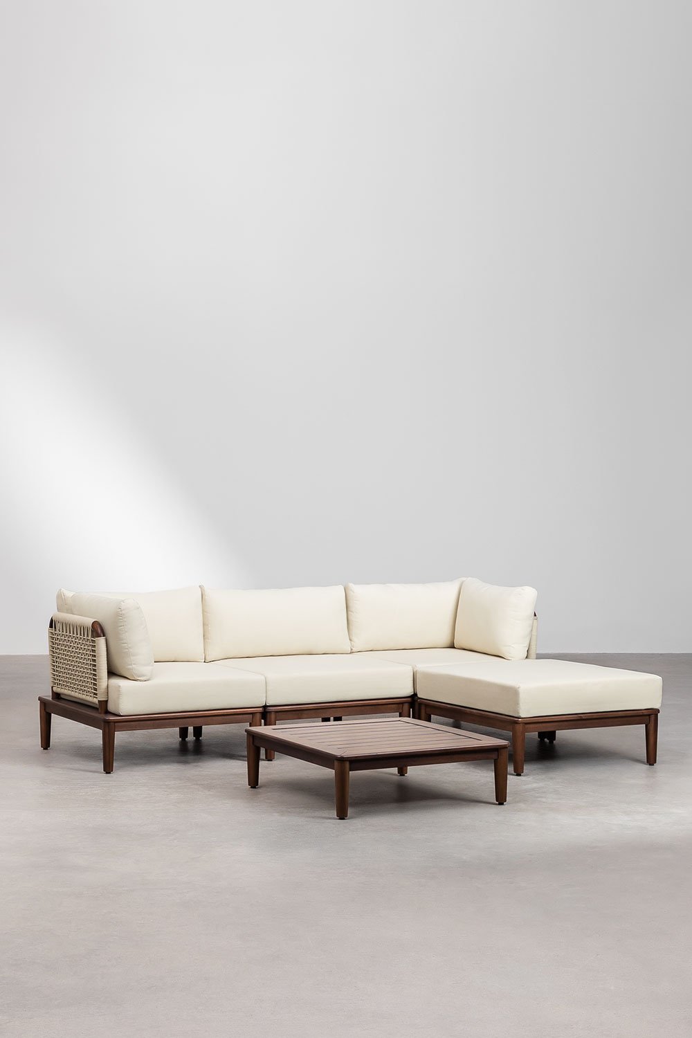 Set di divani da giardino modulari Giulia 3 pezzi con 2 poltrone angolari, tavolino e pouf in legno di acacia