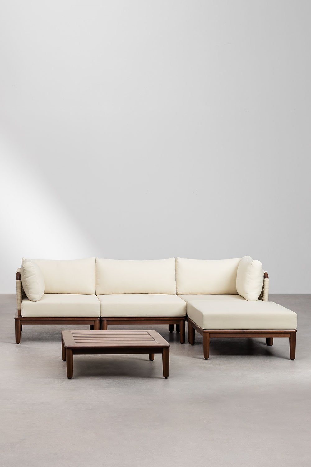 Set di divani da giardino modulari Giulia 3 pezzi con 2 poltrone angolari, tavolino e pouf in legno di acacia