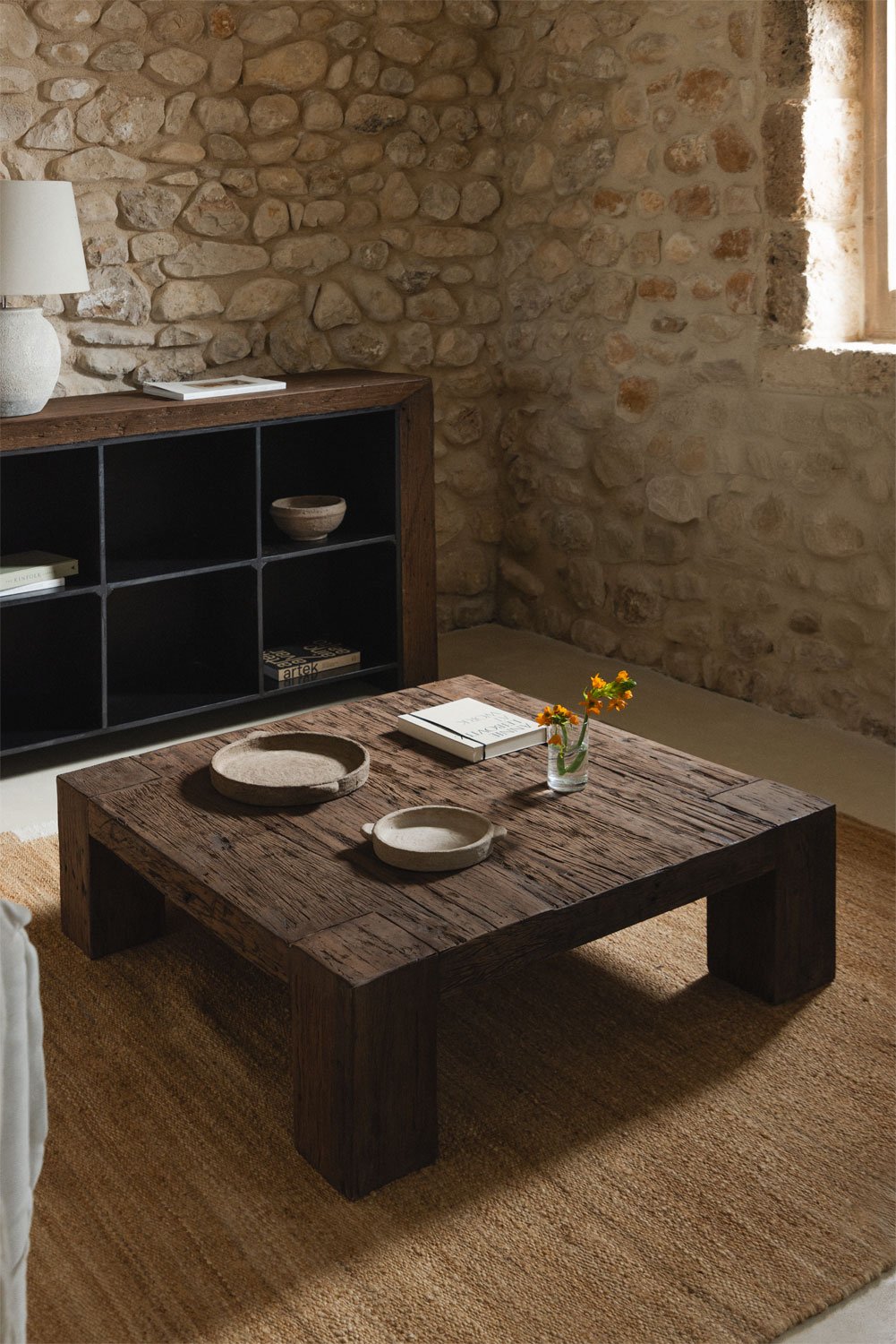 Tavolino quadrato 100x100 cm in legno riciclato Juvira