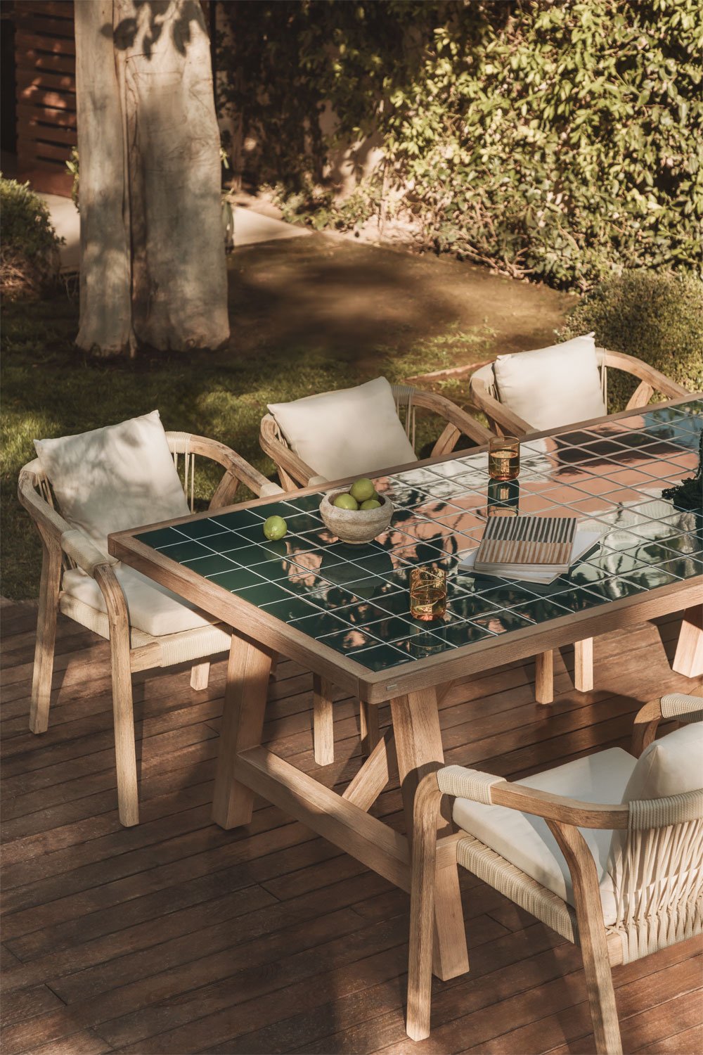 Tavolo da giardino rettangolare 200x100 cm in legno di acacia e piastrelle Dubai