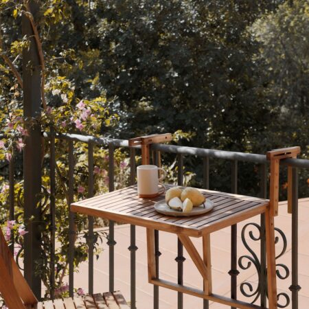 Tavolo da giardino rettangolare 65x60 cm sospeso e pieghevole in legno di acacia Delawer