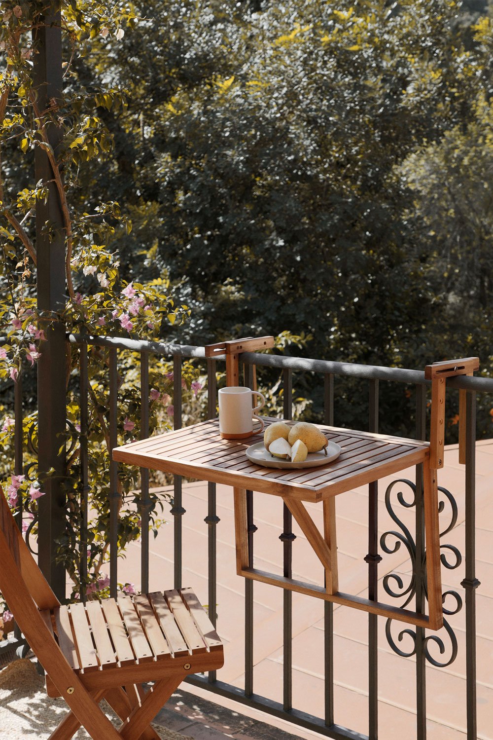 Tavolo da giardino rettangolare 65x60 cm sospeso e pieghevole in legno di acacia Delawer