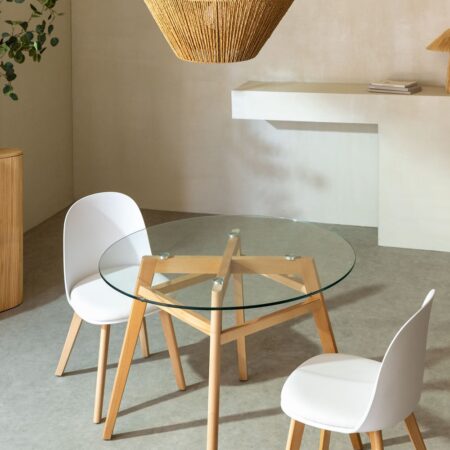 Tavolo da Pranzo Rotondo in Vetro e Legno di Faggio Scand Nordic