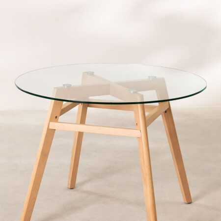 Tavolo da Pranzo Rotondo in Vetro e Legno di Faggio Scand Nordic