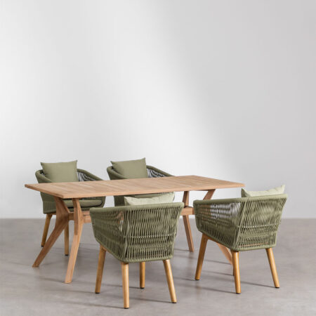 Set Tavolo Rettangolare in Legno di Teak (180x90 cm) Yolen e 4 Sedie da Giardino Barker