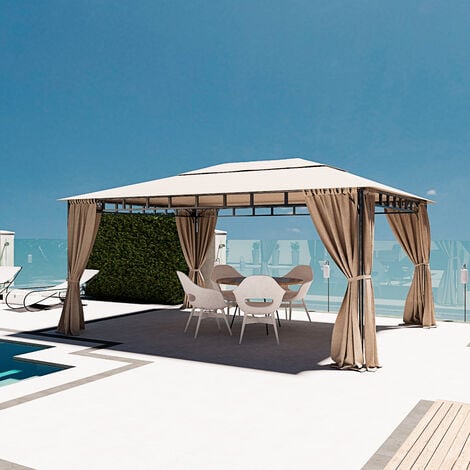 Gazebo Da Giardino 3 x 4 M Con Tende Laterali Richiudibili Struttura In Acciaio Robusto Copertura Impermeabile 180 g/m² Con 4 Teli Laterali Esterno Giardino Piscina Fiere Ombreggiante Privacy Ecrù