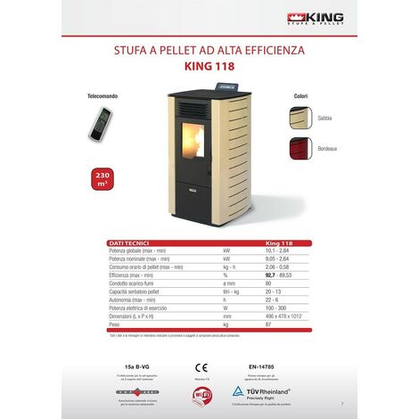 Stufa a pellet 10 kw con telecomando king 118 colore bordeaux made italy - King