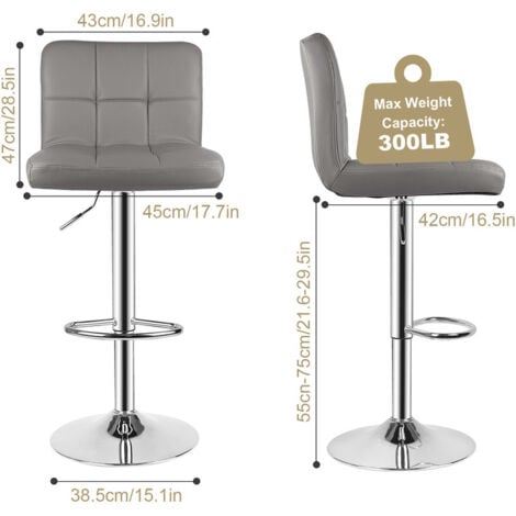 2 x Sgabelli da Bar Moderni Girevoli Bigzzia Sedia Cucina Alta con Schienale in Simipelle e Poggiapiedi, sgabello da cucina Regolabile e Girevole, 44 x 50 x (91-144) cm, Grigio
