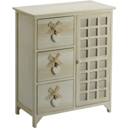 cassettiera armonia "white washed" 3 cassetti cuore e fiocchi in legno di paulownia 62x32x73 cm