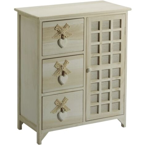 cassettiera armonia "white washed" 3 cassetti cuore e fiocchi in legno di paulownia 62x32x73 cm