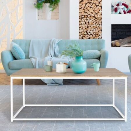 Tavolino 113 cm legno e metallo bianco, design industriale DETROIT