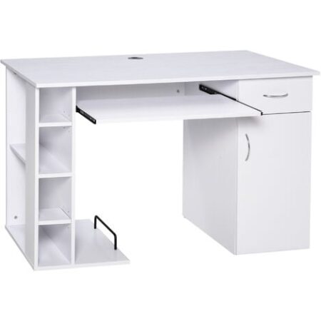 HOMCOM Scrivania per PC Ergonomica con Mensole Piano Tastiera Estraibile Bianca