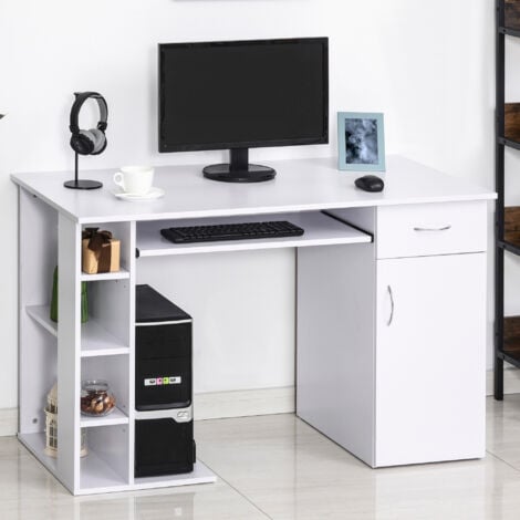 HOMCOM Scrivania per PC Ergonomica con Mensole Piano Tastiera Estraibile Bianca