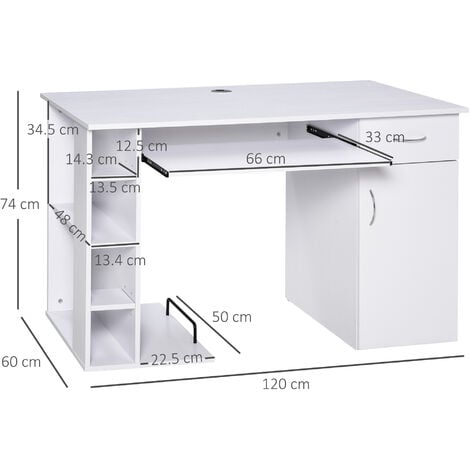 HOMCOM Scrivania per PC Ergonomica con Mensole Piano Tastiera Estraibile Bianca