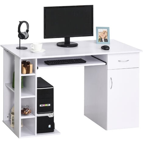 HOMCOM Scrivania per PC Ergonomica con Mensole Piano Tastiera Estraibile Bianca
