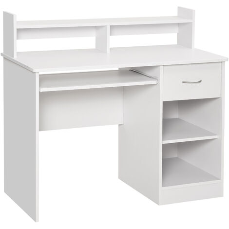 HOMCOM Scrivania Compatta Computer in Legno Bianco Ripiano Tastiera Estraibile