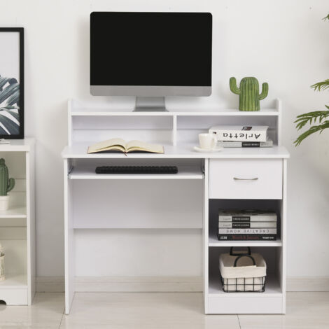 HOMCOM Scrivania Compatta Computer in Legno Bianco Ripiano Tastiera Estraibile