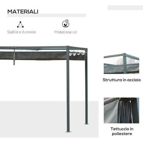 Outsunny Pergola Gazebo 3x2m con Telo Scorrevole da Giardino Grigio e Nero
