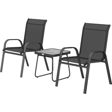 Outsunny Set da Giardino 3 Pezzi con Tavolino da Caffè e 2 Sedie Impilabili Nero