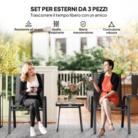 Outsunny Set da Giardino 3 Pezzi con Tavolino da Caffè e 2 Sedie Impilabili Nero