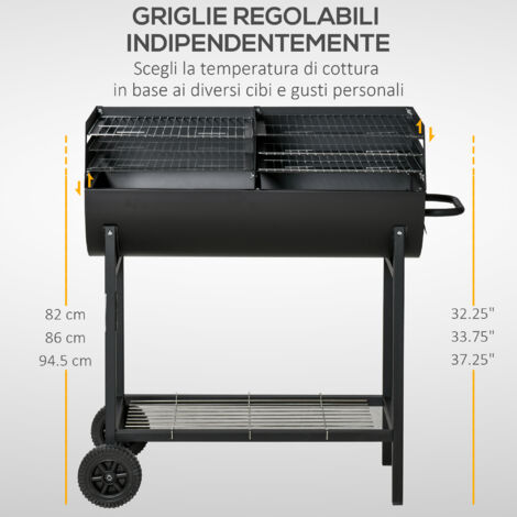 Outsunny Barbecue in Acciaio con 2 Griglie Indipendenti e 2 Ruote  Nero