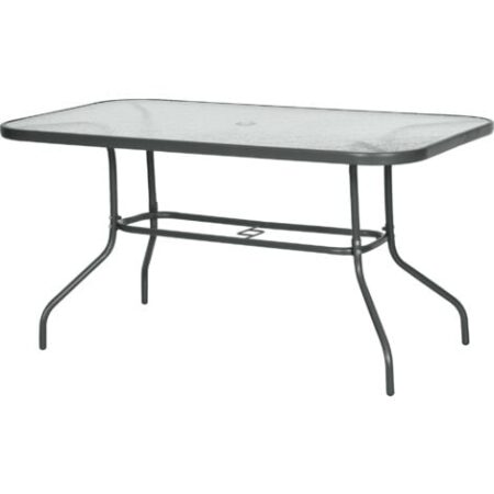 Outsunny Tavolo da Esterno Metallo Vetro Temperato, Foro Ombrellone, 140x80x70cm
