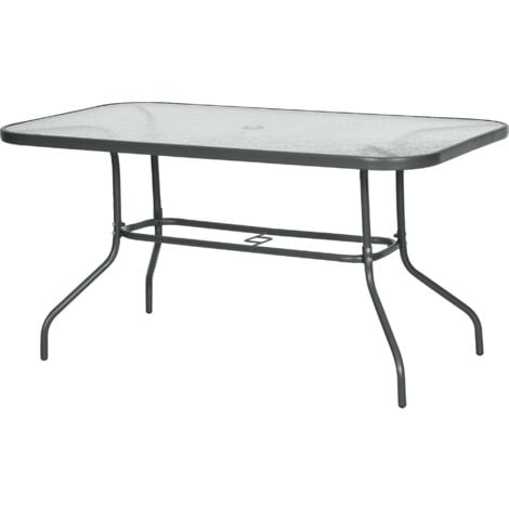 Outsunny Tavolo da Esterno Metallo Vetro Temperato, Foro Ombrellone, 140x80x70cm