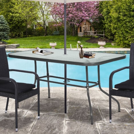 Outsunny Tavolo da Esterno Metallo Vetro Temperato, Foro Ombrellone, 140x80x70cm