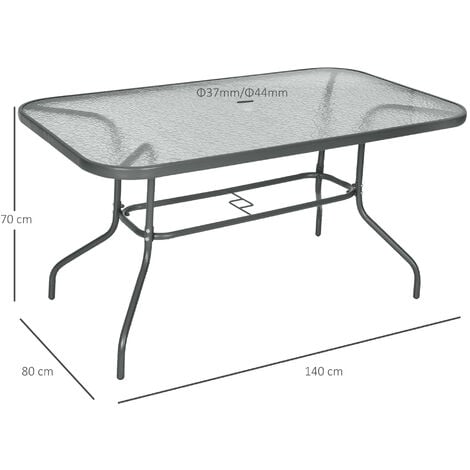 Outsunny Tavolo da Esterno Metallo Vetro Temperato, Foro Ombrellone, 140x80x70cm