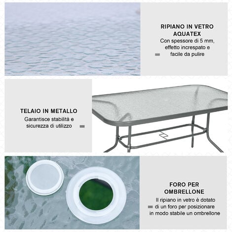Outsunny Tavolo da Esterno Metallo Vetro Temperato, Foro Ombrellone, 140x80x70cm