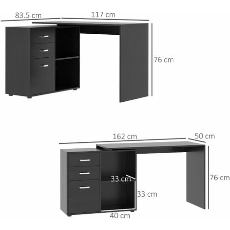 HOMCOM Scrivania ad Angolo con Cassettiera, per Ufficio e Casa, Forma a L, Nero