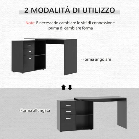HOMCOM Scrivania ad Angolo con Cassettiera, per Ufficio e Casa, Forma a L, Nero