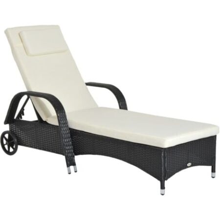 Outsunny Lettino Prendisole in Rattan Schienale Regolabile con Ruote