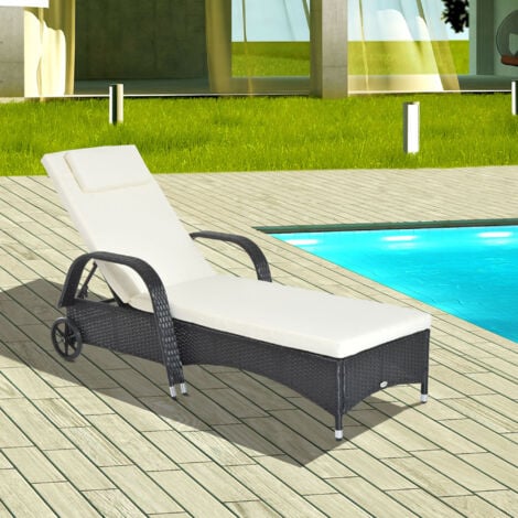Outsunny Lettino Prendisole in Rattan Schienale Regolabile con Ruote