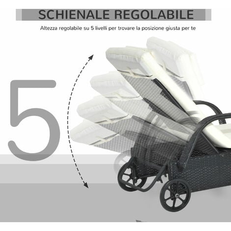Outsunny Lettino Prendisole in Rattan Schienale Regolabile con Ruote