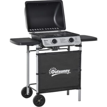 Outsunny Barbecue a Gas 2 Fuochi da 2.8kW con Coperchio Mensole Ruote