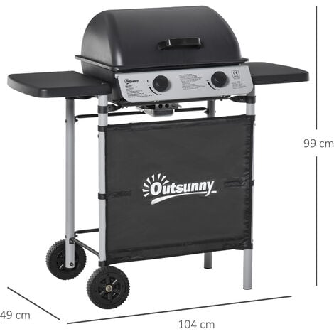 Outsunny Barbecue a Gas 2 Fuochi da 2.8kW con Coperchio Mensole Ruote