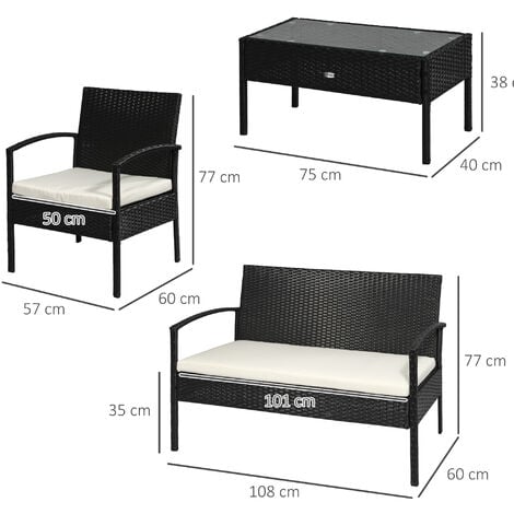 Outsunny Set da Esterno 4 Pezzi in Rattan PE con Tavolino 2 Poltrone e Divano