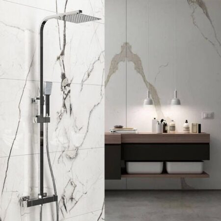 OCEAN ITALY Sistema Doccia Antiscottatura con Soffione Quadrato Cromato 20x20cm,Colonna Doccia con Miscelatore Termostatico,Saliscendi Regolabile 80-120cm
