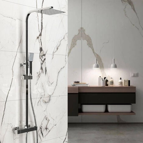 OCEAN ITALY Sistema Doccia Antiscottatura con Soffione Quadrato Cromato 20x20cm,Colonna Doccia con Miscelatore Termostatico,Saliscendi Regolabile 80-120cm