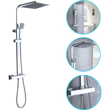 OCEAN ITALY Sistema Doccia Antiscottatura con Soffione Quadrato Cromato 20x20cm,Colonna Doccia con Miscelatore Termostatico,Saliscendi Regolabile 80-120cm