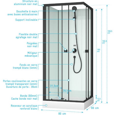 Cabina Doccia Quadrata 80x80x200cm - Porte Scorrevoli - Pannelli Bianchi e Profili Neri Opachi